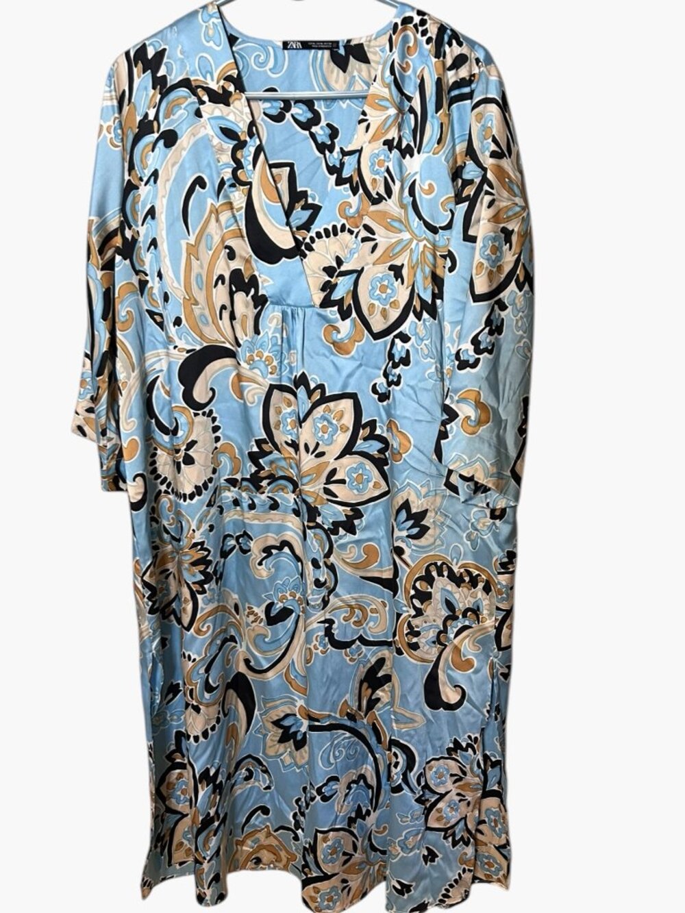 Zara Women’s XL Blue Paisley Satin Caftan Dress Mrs. Roper Vibes 70s Boho V-Neck